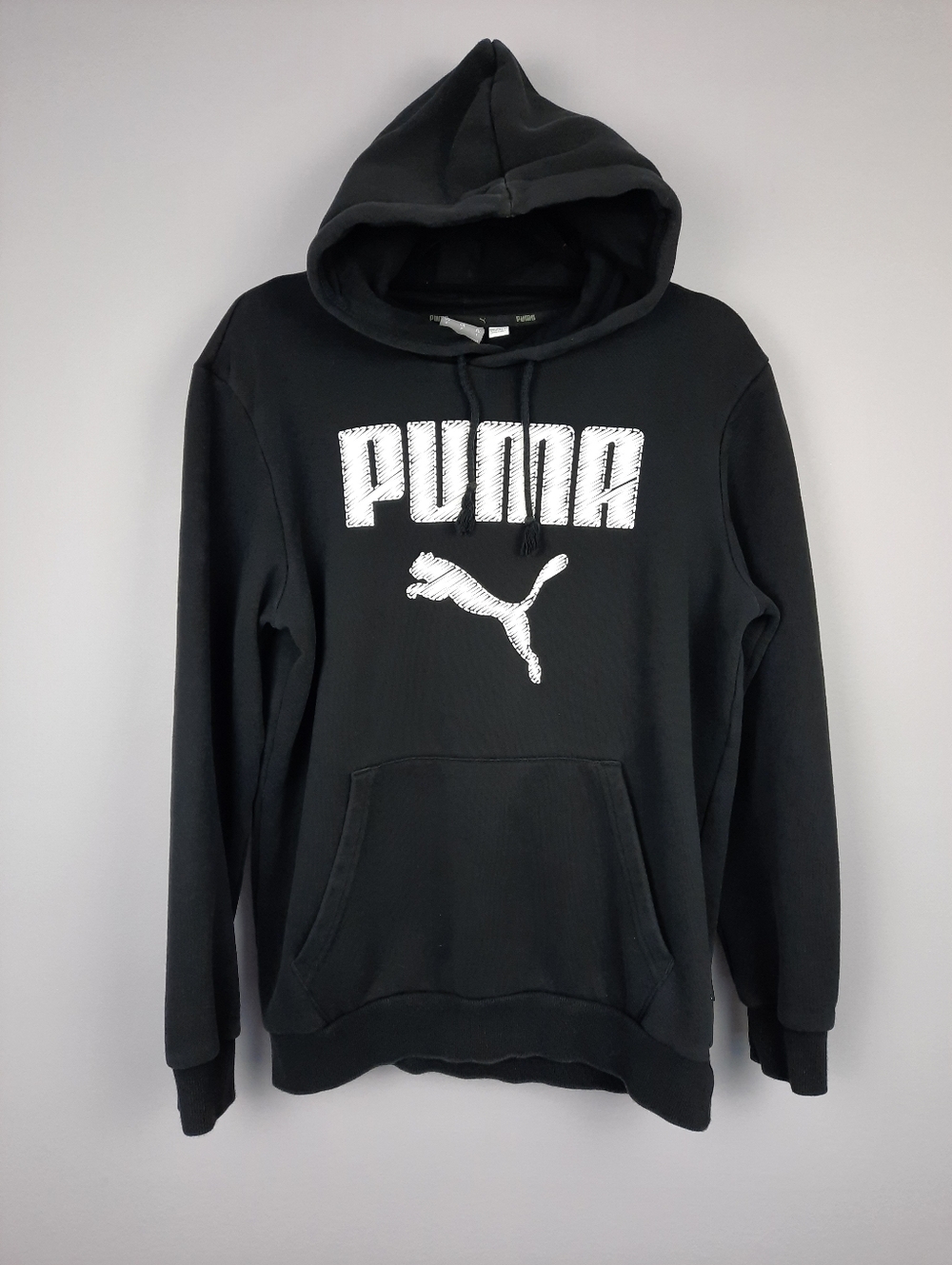 Puma Men's Black and White Graphic Logo Hoodie size Small